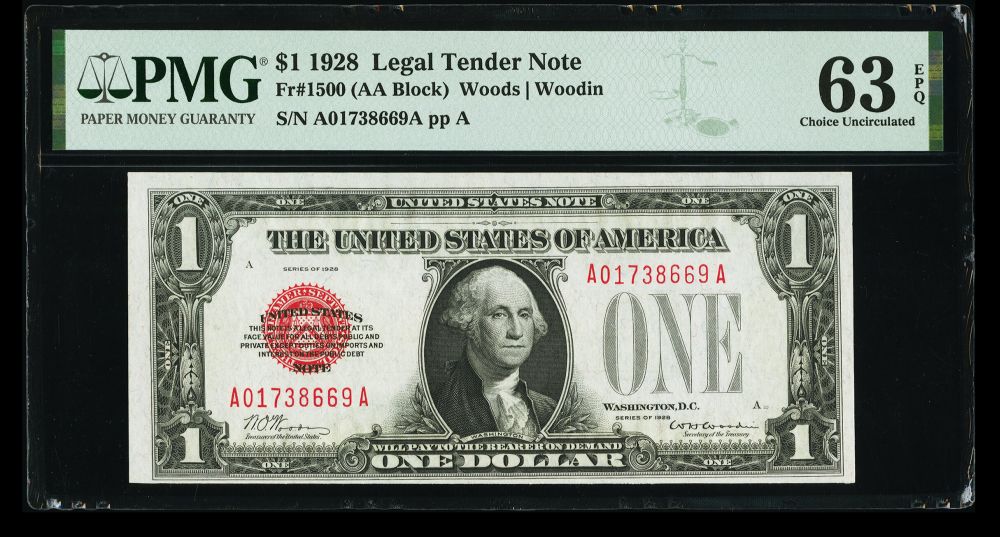 Fr.1500, 1928 $1 Legal Tender, Ch.CU, PMG63-EPQ